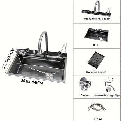 Spoelbak – Keukenspoelbak – RVS Spoelbak – Eén Kom Spoelbak – Rechthoekige Spoelbak – Gunmetal Grey – Roestvrij Staal – Honeycomb Nano Coating – Inclusief Chroomkleurige Kraan en Accessoires