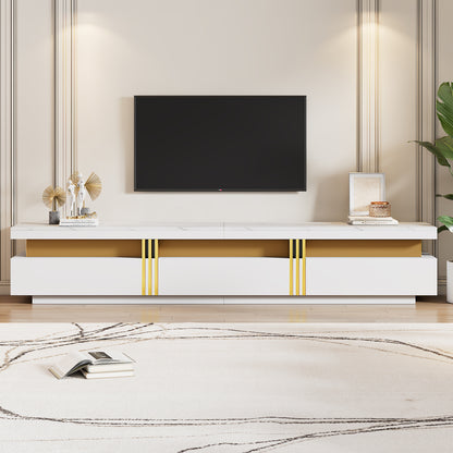 Modern TV-meubel – Tv-meubel – Lowboard – Tv-kast – Mediameubel – Marmerlook – 3 Laden – Kabeldoorvoer – Geschikt voor TV’s tot 90 inch – Wit-Goud