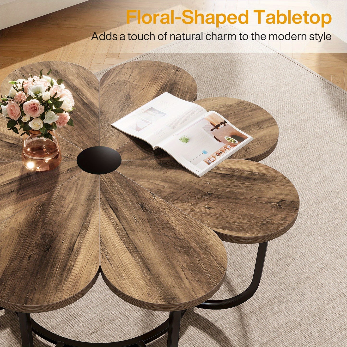 Salontafel – Koffietafel – Bijzettafel – Woonkamertafel – Lounge tafel – Bloemvormig tafelblad – Zwart metalen frame – Ruimtebesparend ontwerp – Diameter 100 cm – Hoogte 50 cm