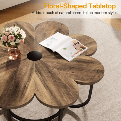 Salontafel – Koffietafel – Bijzettafel – Woonkamertafel – Lounge tafel – Bloemvormig tafelblad – Zwart metalen frame – Ruimtebesparend ontwerp – Diameter 100 cm – Hoogte 50 cm