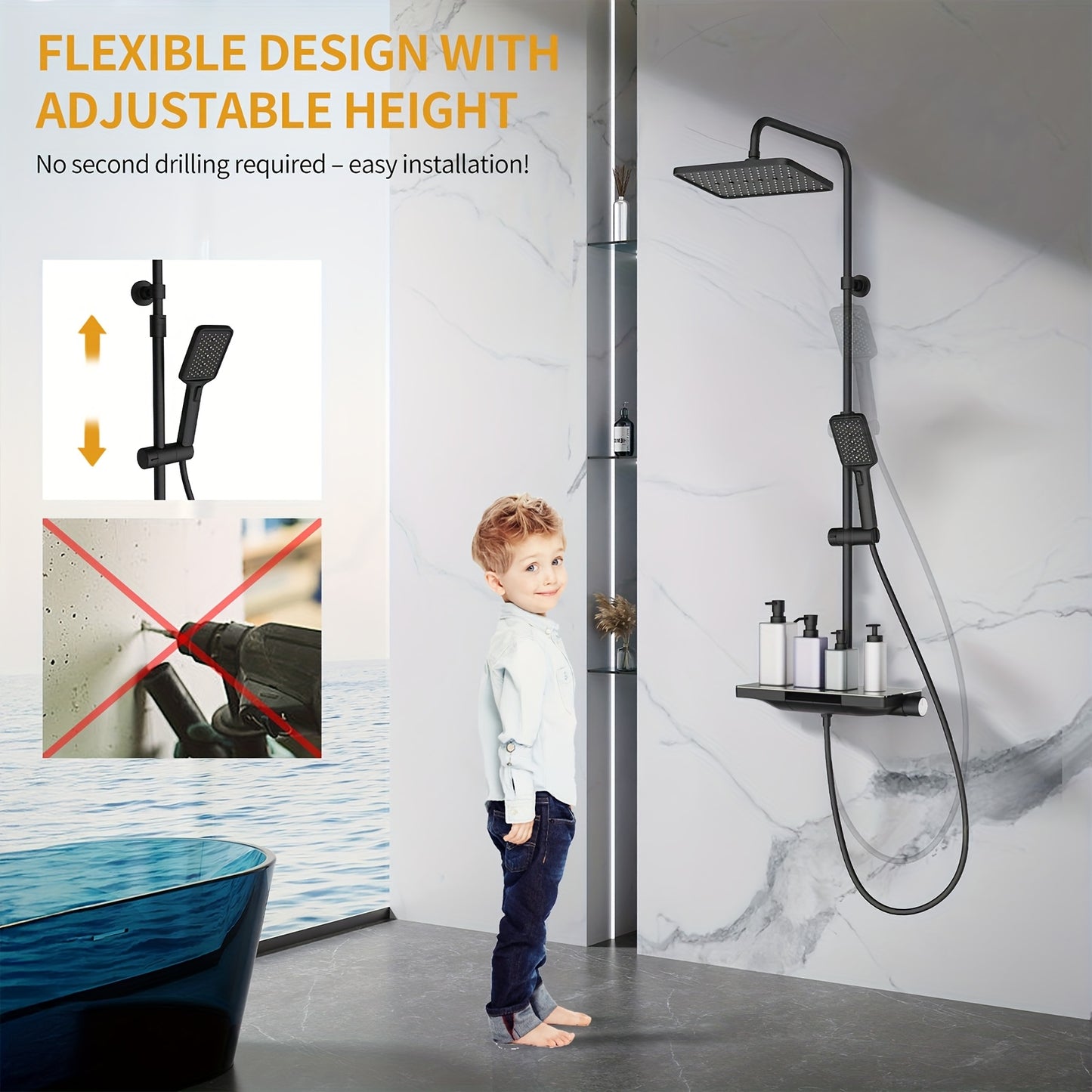 Modern Douchesysteem – Wanddouche – Regendouche – Handdouche – Doucheset – Mat Zwart – Zonder Elektriciteit – Inclusief Opbergplanken