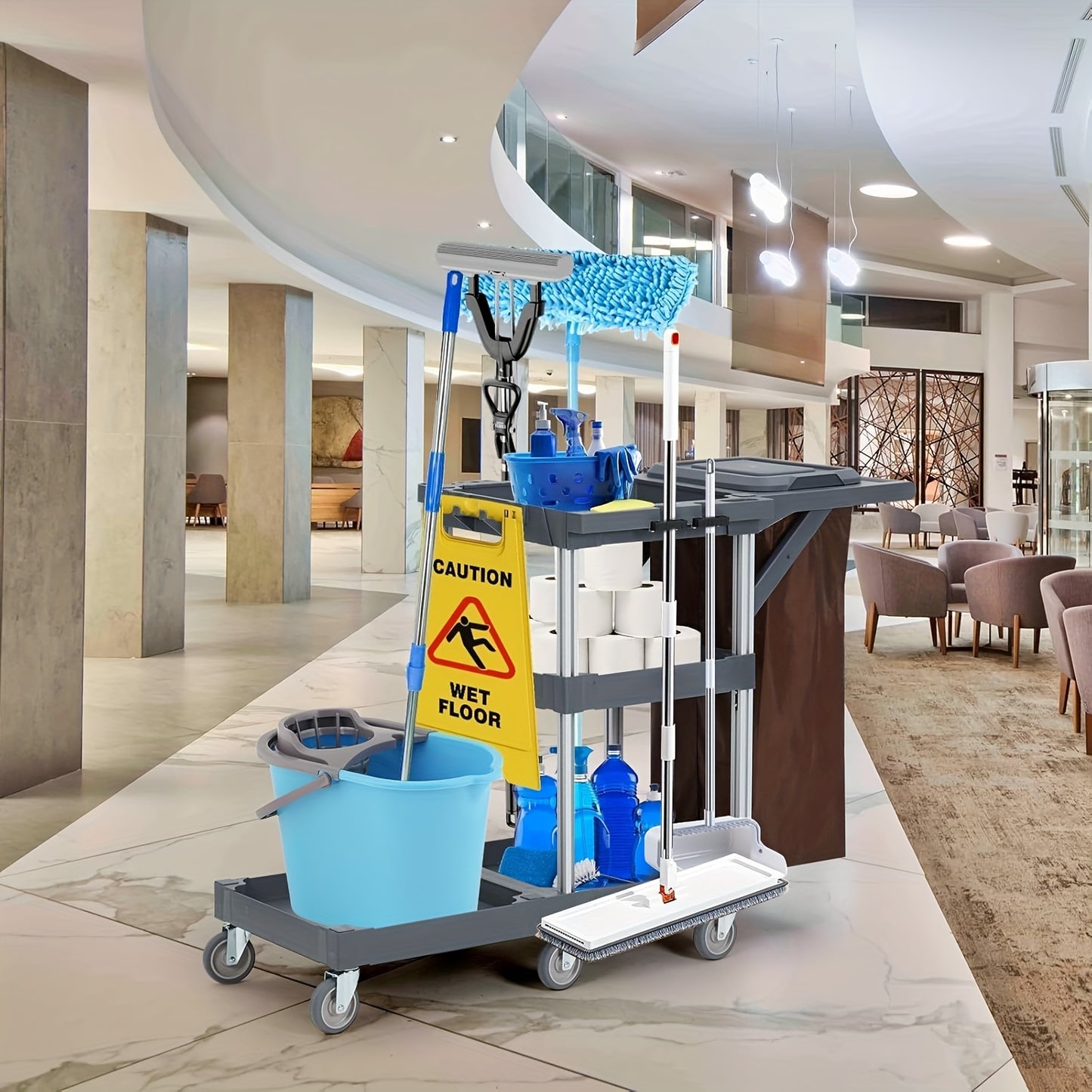 Commercial Heavy-Duty Janitorial Cleaning Cart with 3-Tier Shelves, 136.08 KG Capacity, Wheeled with Zippered Storage Compartment & Lid