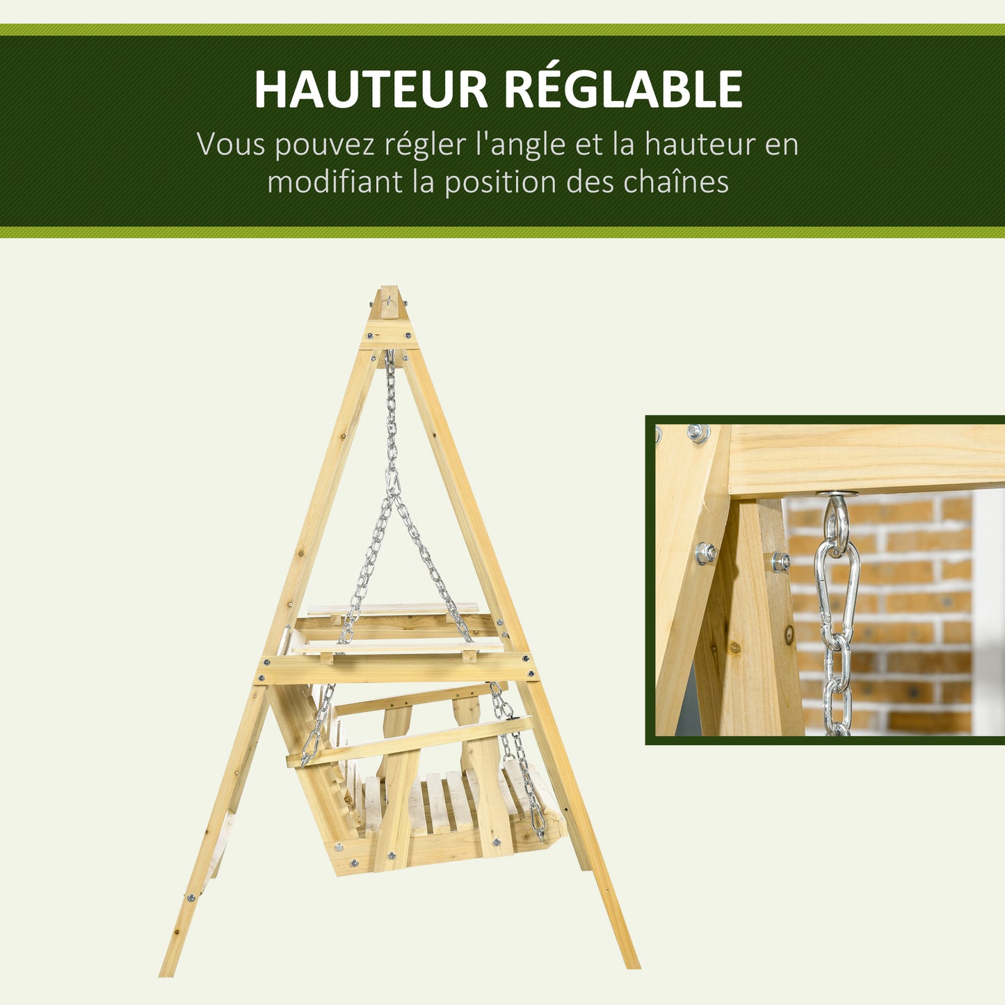 Houten Tuitschommel – Tuinbank Schommel – Buiten Schommel – Tweezits Schommel – Natuurlijke Houtvariant – Verstelbare Hoogte – Ergonomisch Comfort – 196x120x171 cm