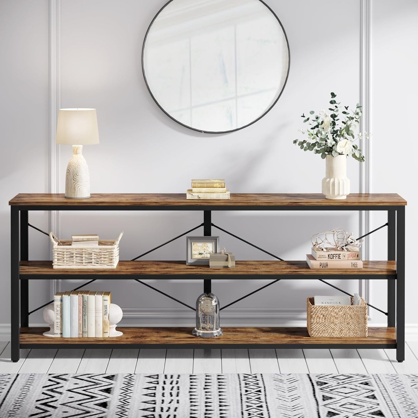 Vintage Sidetable – Industriële Tafel – Sofa Tafel – Console Tafel – Haltafel – 180 cm – 3 Lagen Metalen Frame – Robuust Met Dikke Blad