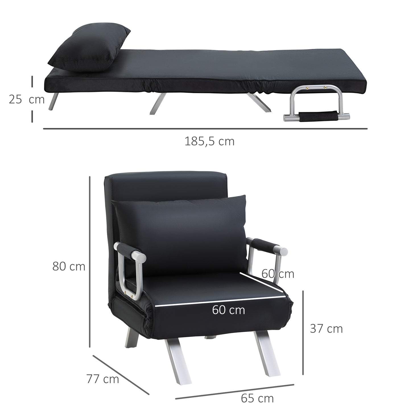 3-in-1 Slaapbank – Bedbank – Logeerbed – Fauteuil – Zitbank – Zwart – Ruimtelijk & Compact – Inclusief Comfortabel Kussen