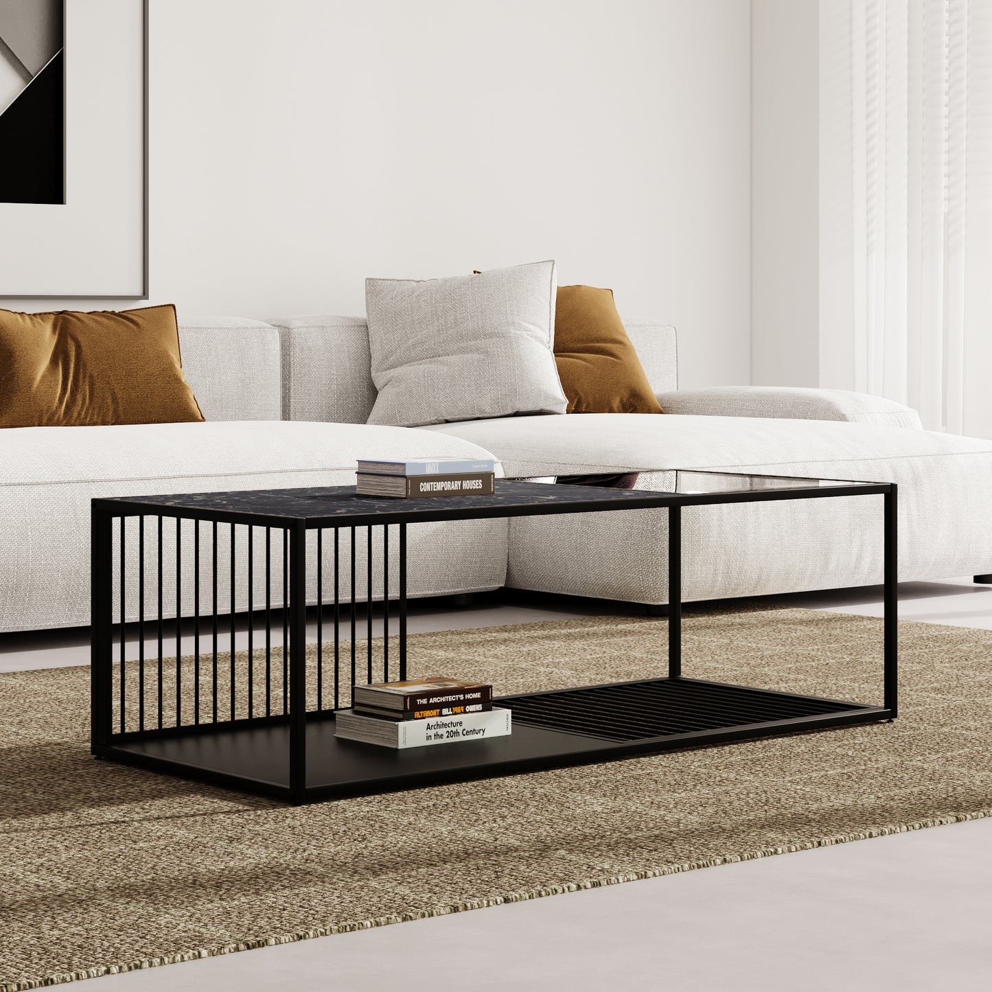 BTM Coffee Table, Wrought Iron Coffee Table with Glass, Large Storage Space