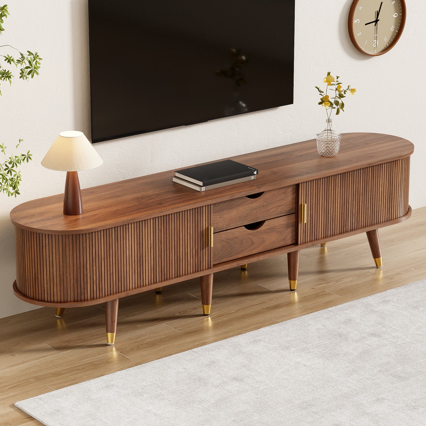 TV Lowboard – TV Meubel – TV Kast – TV Bank – Dressoir – Rieten Schuifdeur – Walnoot Afwerking – 175 cm Breed – MDF Material