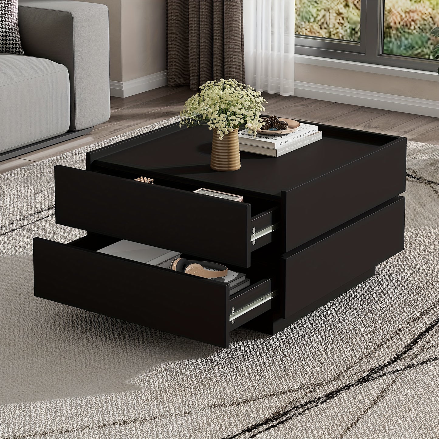 Functional Coffee Table For The Living Room, 360° Swivelling, Swivelling Table Top With 2 Shelves And Storage Space, Black Living Room Side Table Frame, 60*60*38 Cm