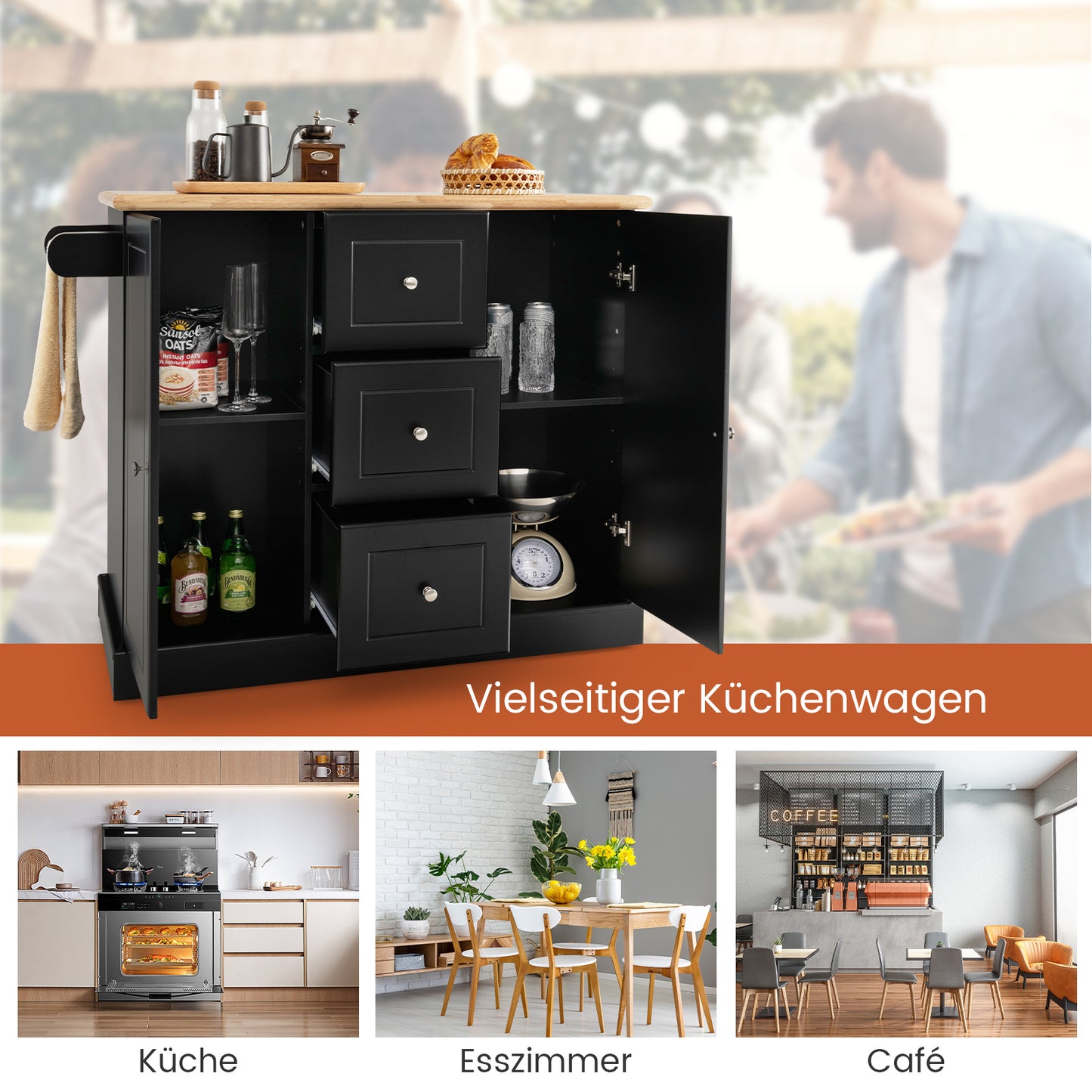 Mobiele Keukenwagen – Keukentrolley – Keukenkar – Keukenmeubel – Serveerwagen – 5 Verborgen Wieltjes – Rubbenhouten Werkblad 104x46 cm – Wit