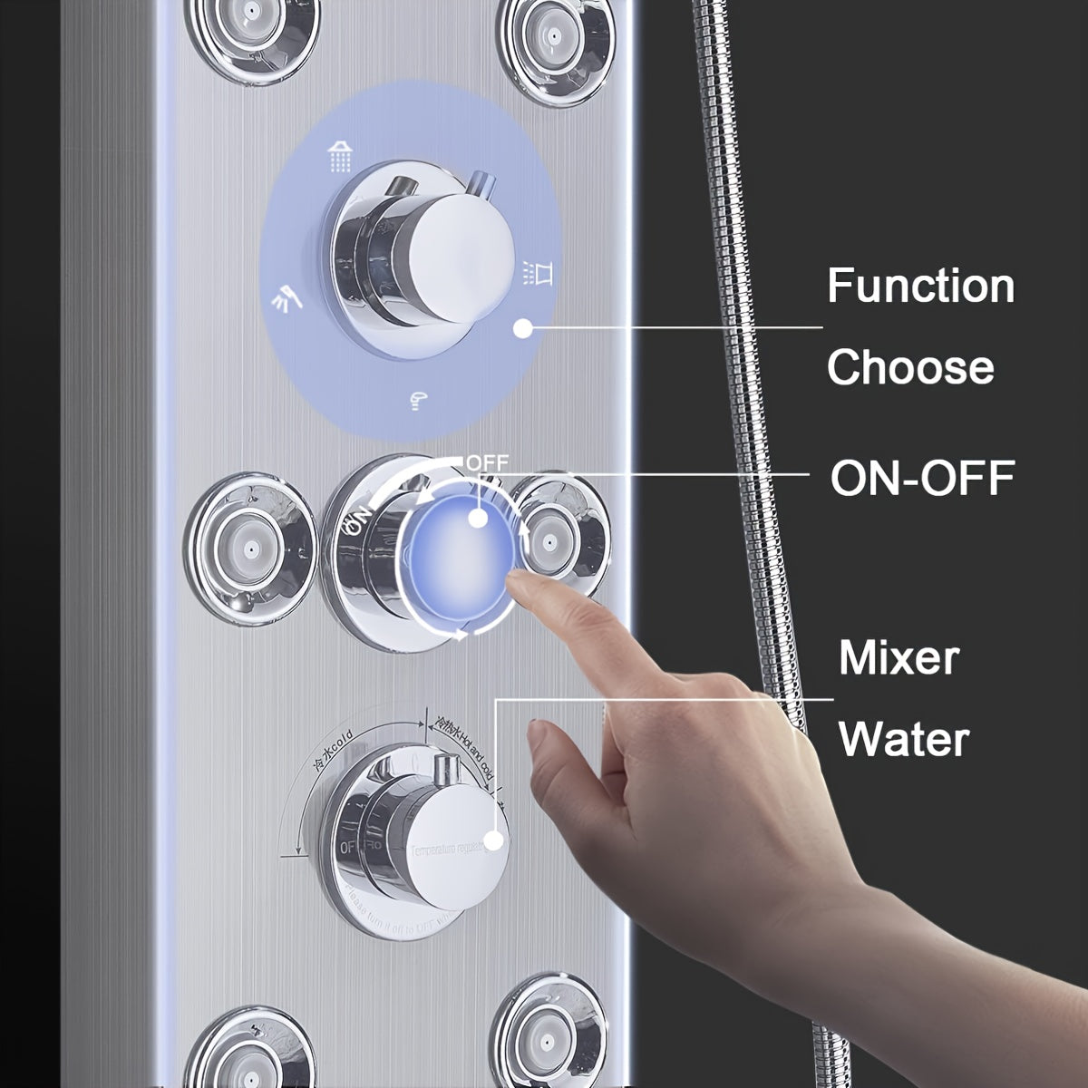 doucheset – douchepaneel – shower panel – regendouche – handdouche – 6 functies – roestvrij staal mat zwart – massagestralen en watervalstraal