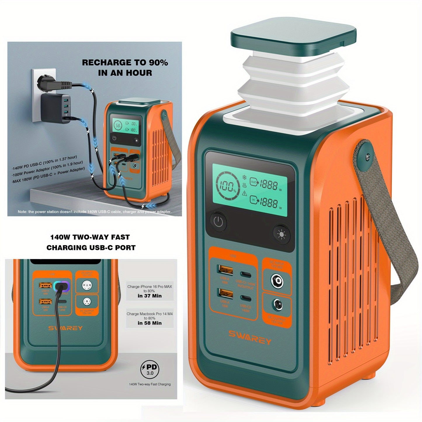 Zonnegenerator – Draagbaar Powerstation – Noodstroomvoorziening – Camping Accu – Mobiele Stroomvoorziening – 192Wh LiFePO4 Batterij – 140W Snelladen Met 100W Zonnepaneel