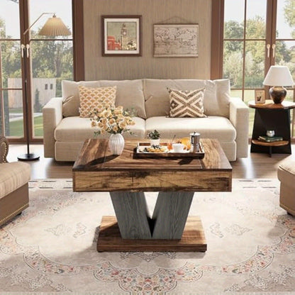80.01cm Rustic Brown & Black Square Coffee Table - Modern Wooden Centerpiece for Living Room, Sturdy MDF Construction with Smooth Surface, Geometric Base, Perfect for Cocktails, Tea, or Accent Decor, Tea Table | Rustic Modern