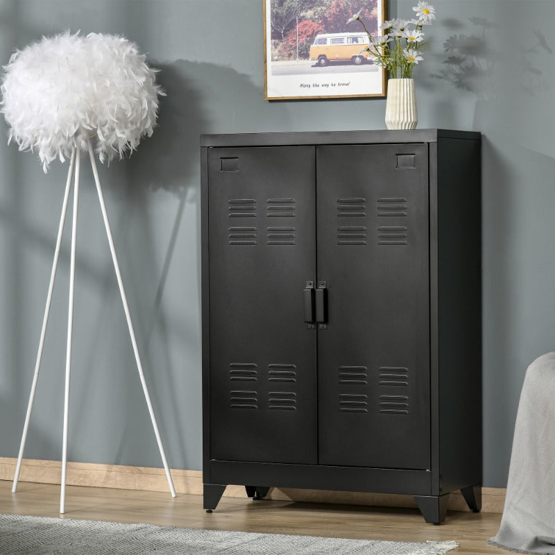 Opbergkast – Lade Kast – Kast Met Deuren – Sideboard – Opbergmeubel – Slatted Doors – Zwart Metaal – 75 x 33 x 110 cm