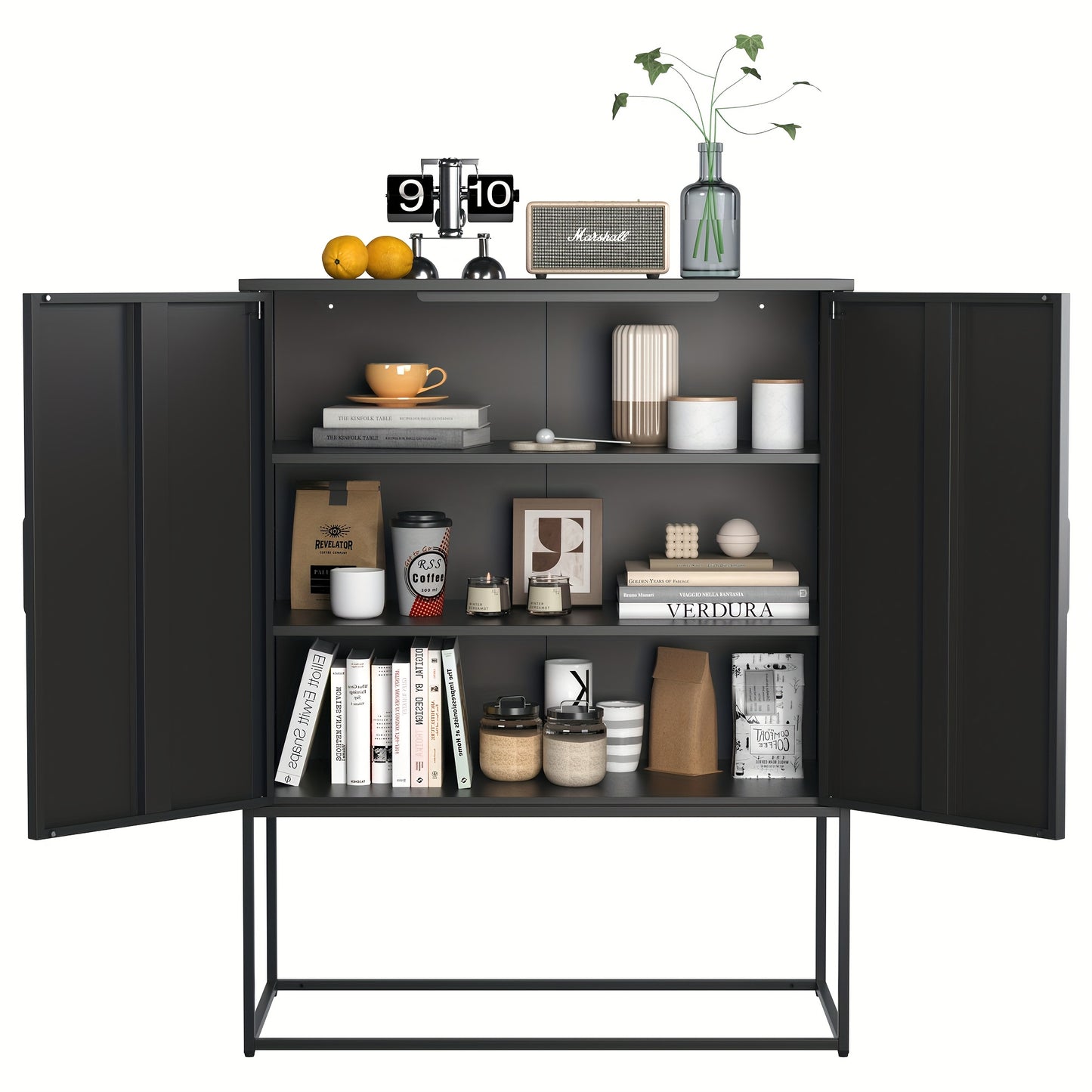 Kast – Opbergkast – Dressoir – Kledingkast – Sideboard – Modern – Stalen 2-Laags Opbergmeubel – Magnetische Deuren & Antikantelbeveiliging – Zwart – 109x84x41 cm