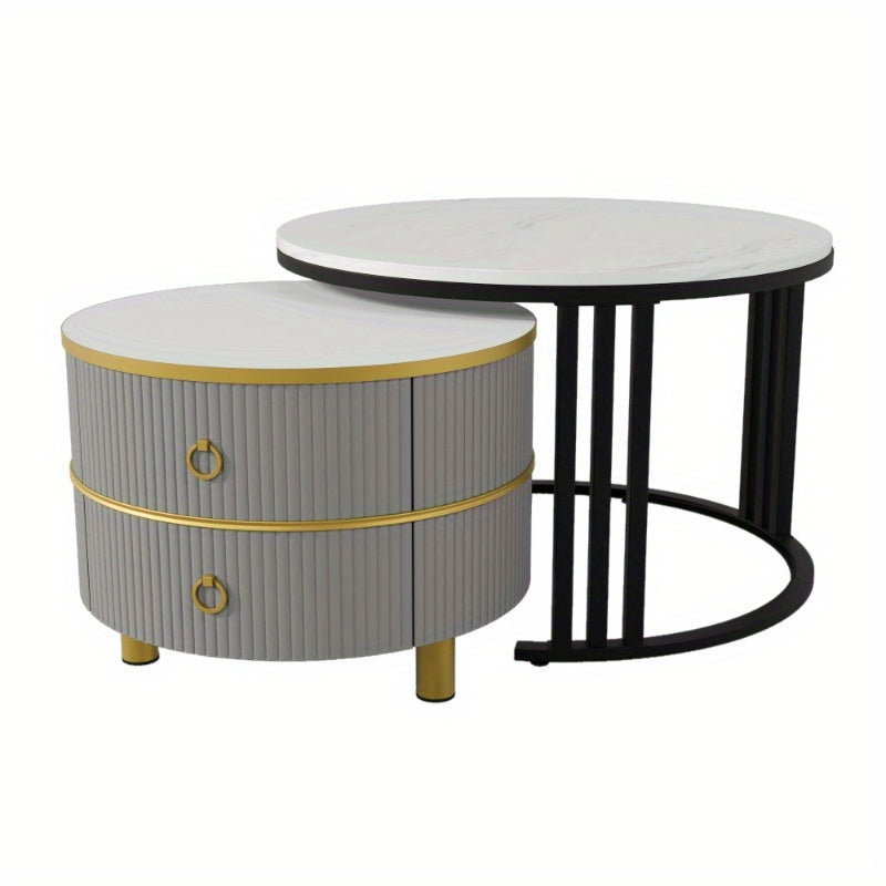 Bijzettafel – Salontafel – Nachttafel – Tafeltje – Lounge Tafel – Grijs met Wit Marmeren Blad – Set van 2 Met Laden – Nestbaar – 70x70x46 & 50x50x40 cm