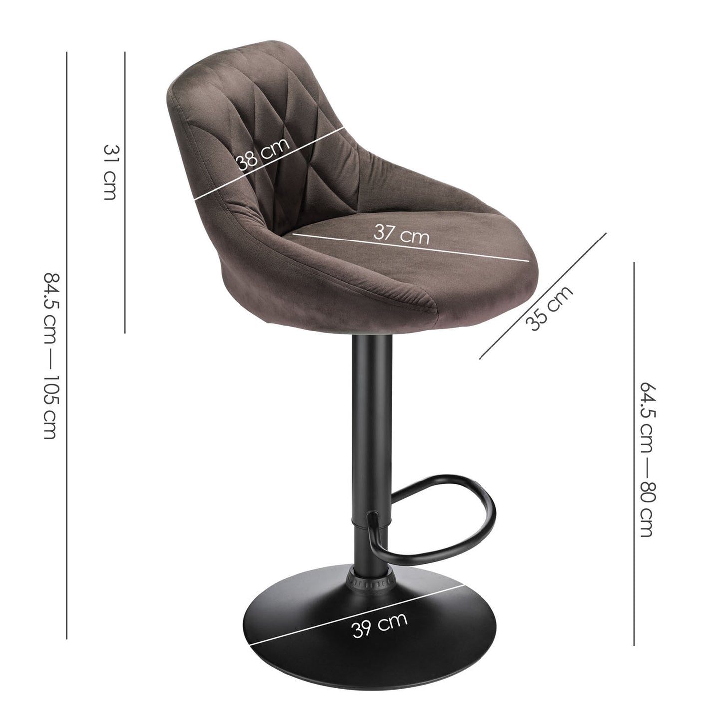 Velvet Bar Stools, Kitchen Bar Stools, Set of 6, Adjustable Height, 360-Degree Swivel, with Metal Footrest, Non-Slip Base