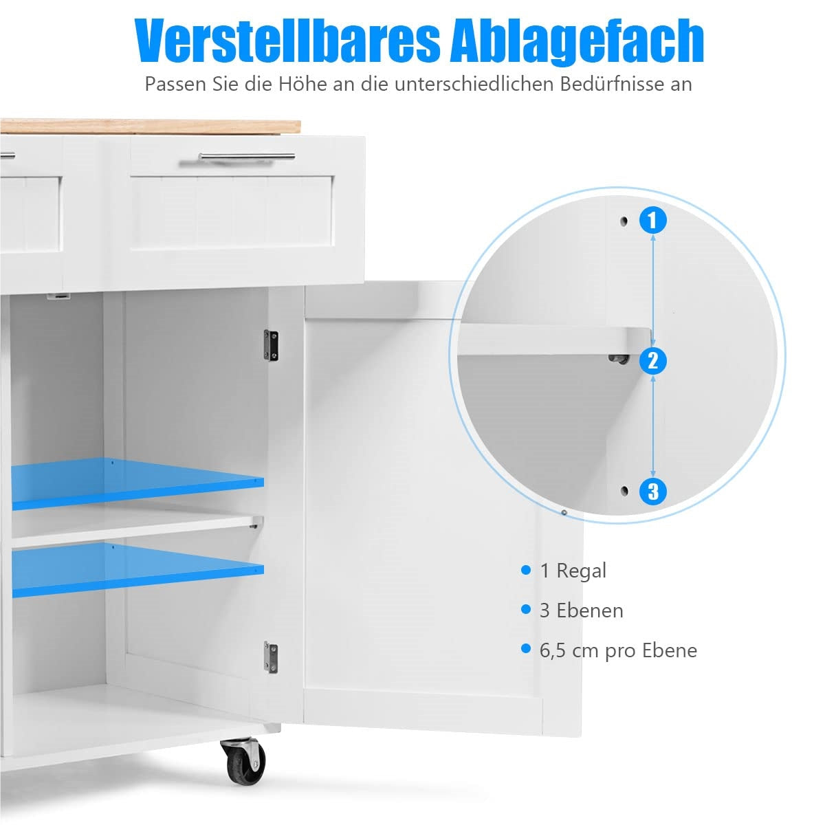 Keukeneiland – Keukenwagen – Serveerwagen – Werktafel – Keukentrolley – Met Handdoekhouder – 2 Laden & 2 Deuren – Witte Rubberwood Constructie