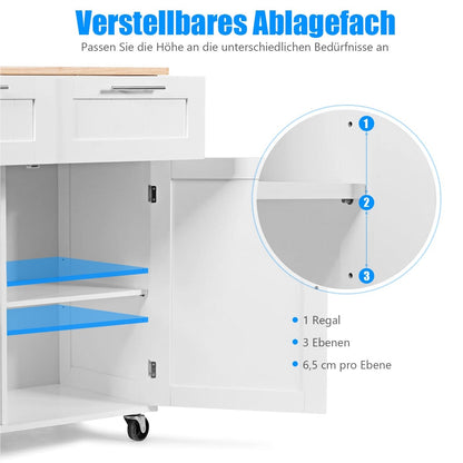 Keukeneiland – Keukenwagen – Serveerwagen – Werktafel – Keukentrolley – Met Handdoekhouder – 2 Laden & 2 Deuren – Witte Rubberwood Constructie