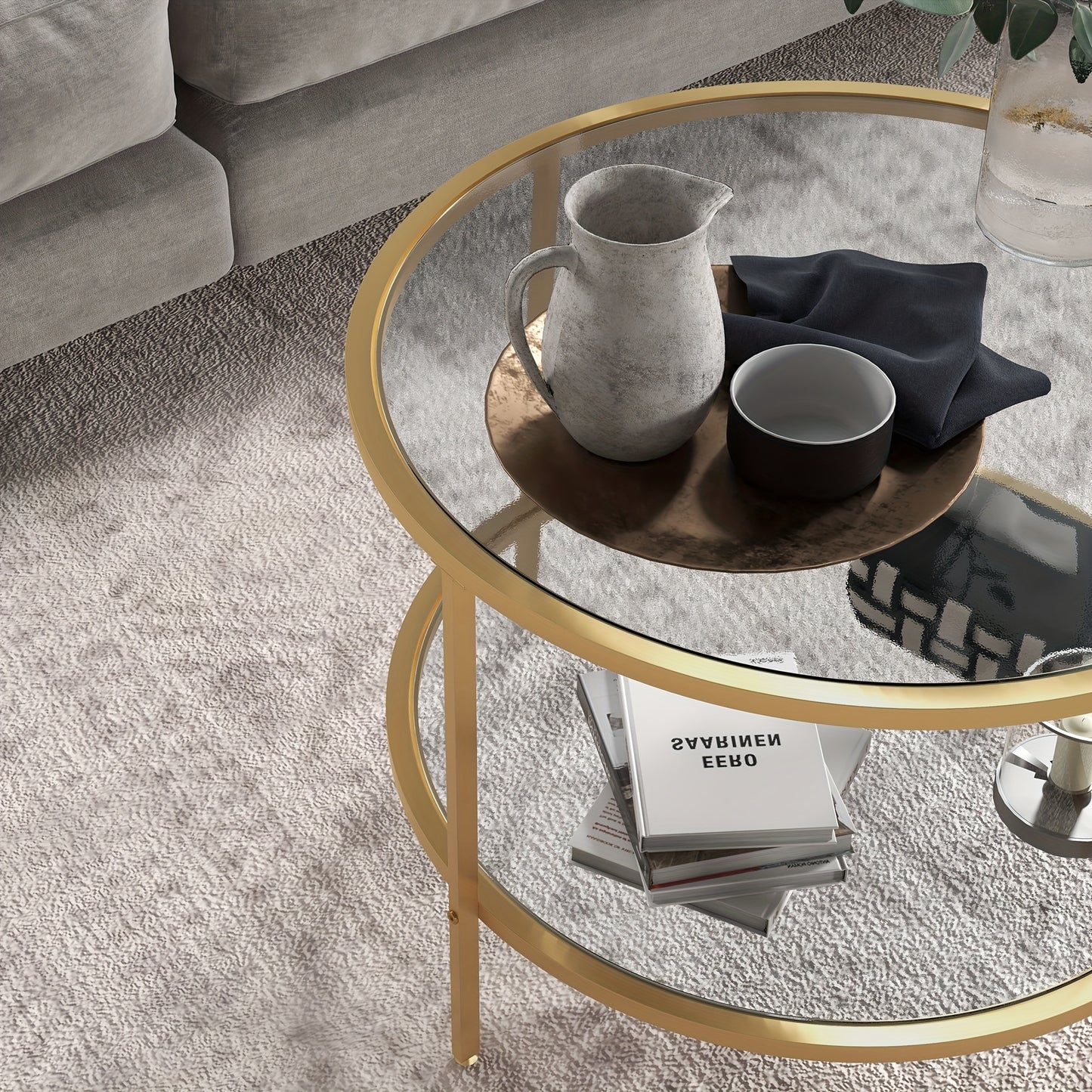 Salontafel – Bijzettafel – Woonkamertafel – Koffietafel – Nachtkastje – Ronde Gouden Salontafel – Stalen Frame – 60x43 cm – Met Opbergruimte