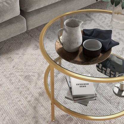 Salontafel – Bijzettafel – Woonkamertafel – Koffietafel – Nachtkastje – Ronde Gouden Salontafel – Stalen Frame – 60x43 cm – Met Opbergruimte