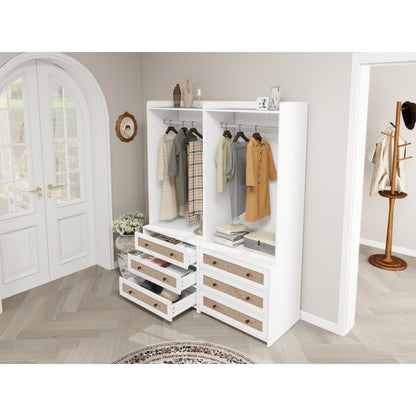 Boho Kast – Kledingkast – Opbergkast – Dressoir – Ladekast – Wit Met Rattan Accenten – 180 cm Hoog – MDF Met Melamine Coating