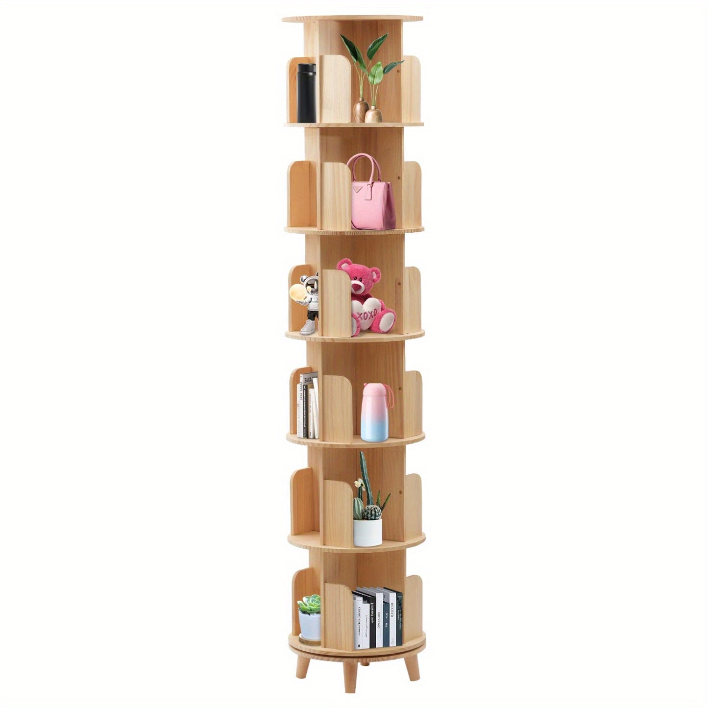 6-laags Draaibare Boekenplank – Draaiplank – Boekenkast – Opbergkast – Boekenrek – Massief Hout – 193 cm Hoog – 360 Graden Draaibaar