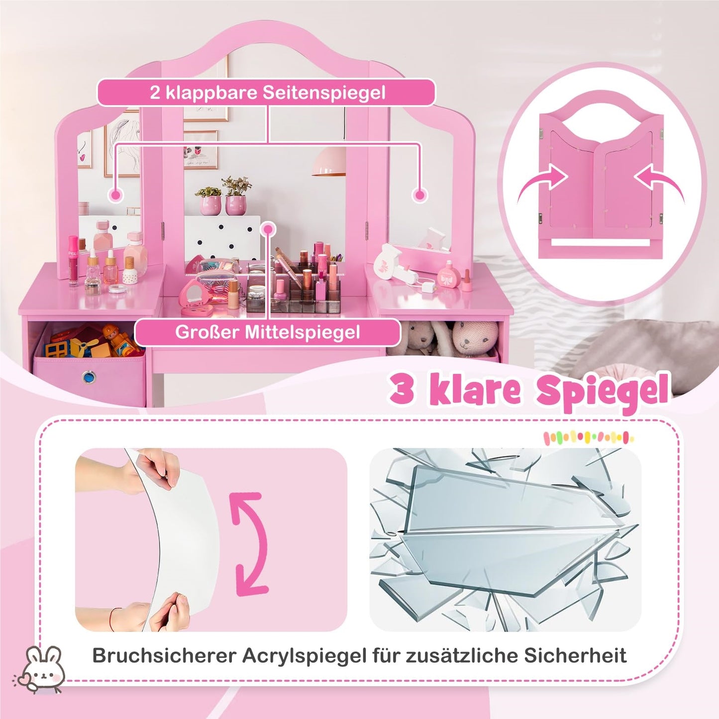Kinder Make-up Tafel – Schminktafel – Speeltafel – Vanity – Kaptafel – 2-in-1 Met Verwijderbare Spiegel – Inclusief Opslagboxen – Roze