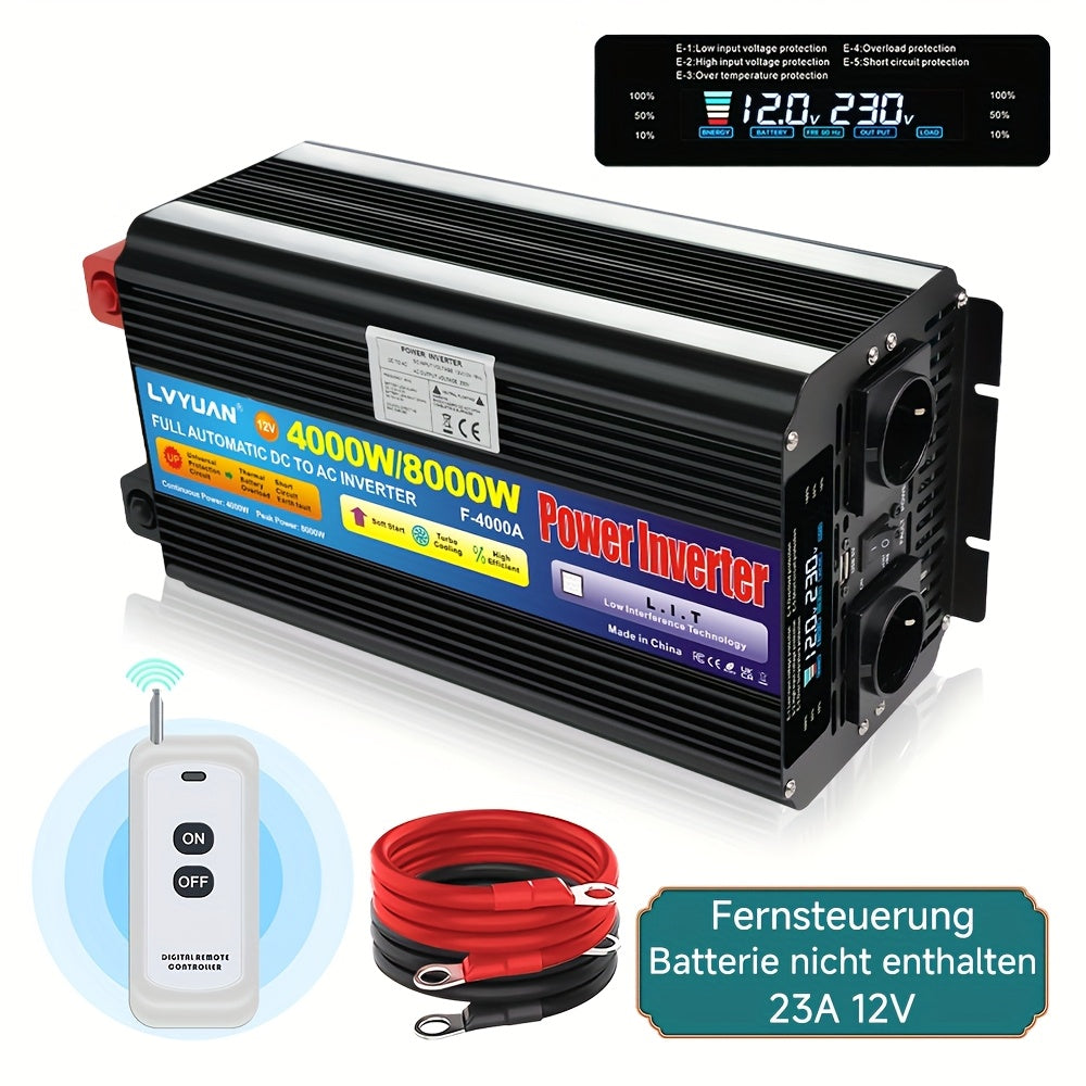 Power Inverter 12V naar 220V – Spanningsomvormer – Omvormer – Converter – Accu Omvormer – 4000W Continu Vermogen – Draadloze Afstandsbediening