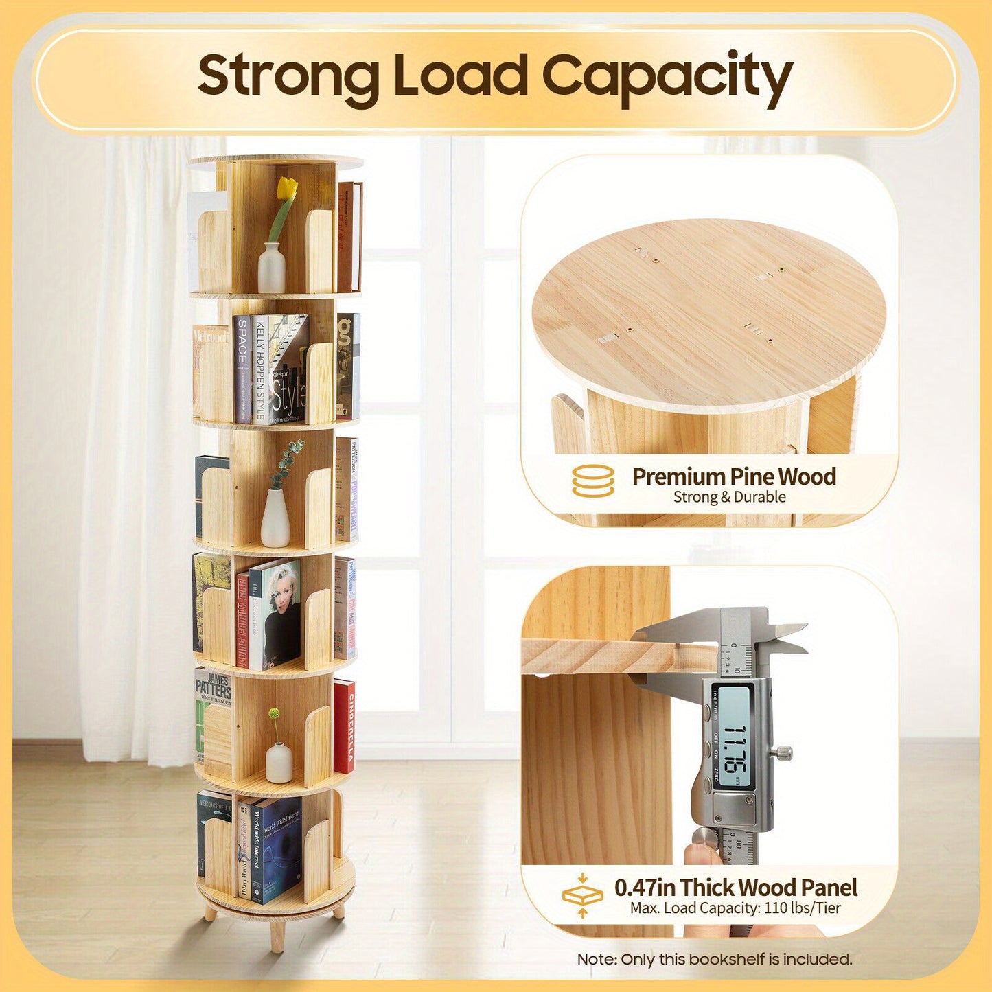 Boekenrek – Boekenkast – Wandrek – Boekenplank – Opbergkast – 6 Laags – 360° Draaibaar – Dennenhout