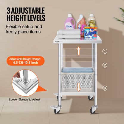 Werktafel – Werkbank – Werkblad – Werktafel met wielen – Roestvrij staal – 61x61x102 cm – 3 Verstelbare Legplanken – Zwenkwielen met Rem