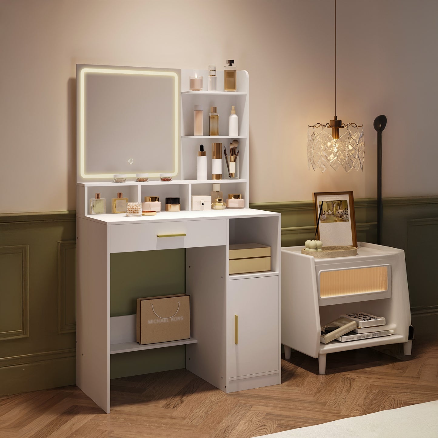 Kaptafel – Make-up Tafel – Opmmaaktafel – Vanity – Cosmetictafel – Met Spiegel en LED-verlichting – 3 Lade & 4 Vakken – 3 Lichtstanden – Wit 80x40x140 cm