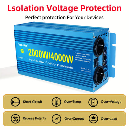 Pure Sine Wave Omvormer – Stroomomzetter – Car Inverter – 12V DC naar 220V AC – Mobiele Spanningsomvormer – 4000W Continu Vermogen – LCD Display