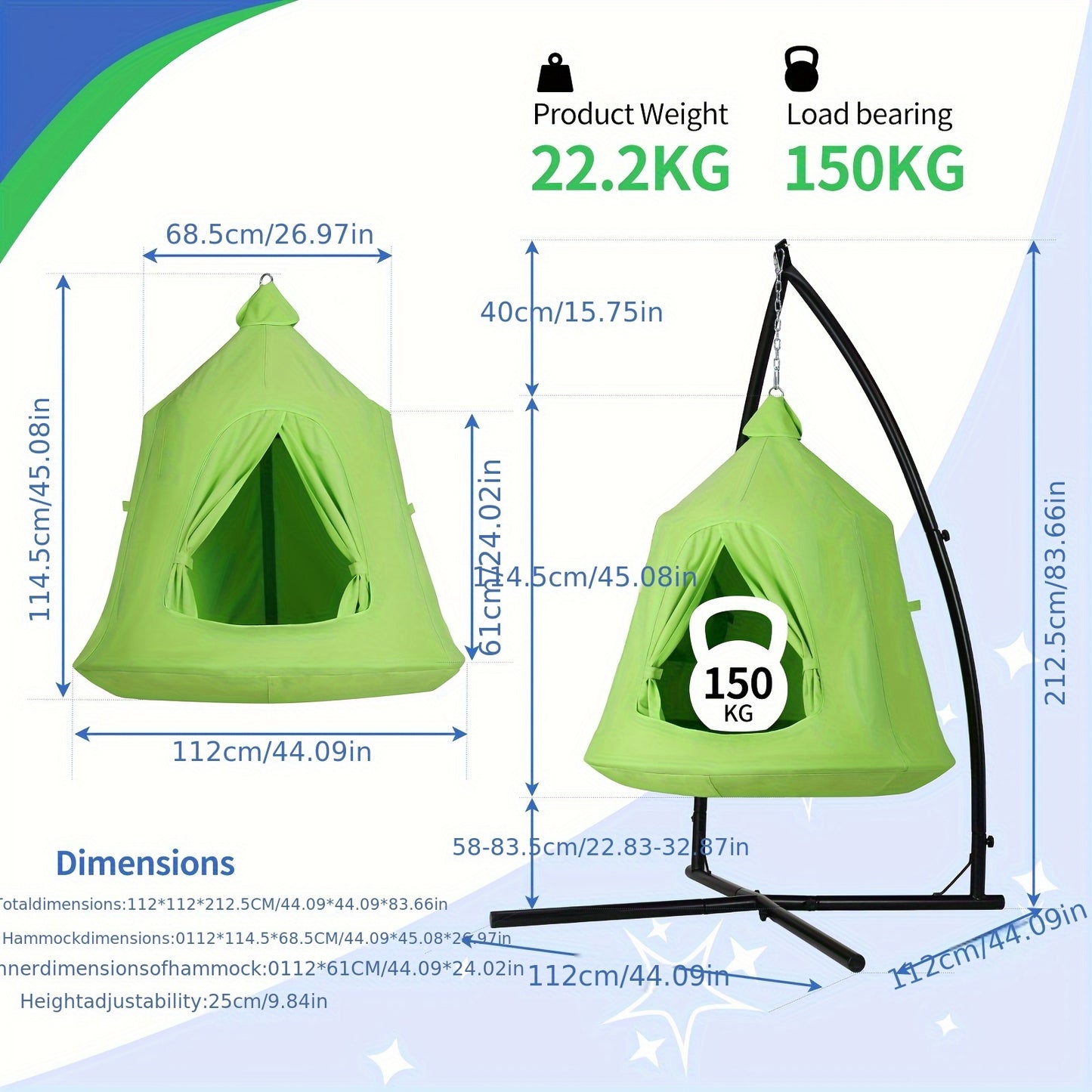 Hangmat voor Katten en Honden – Hangende Tent – Hangstoel – Speeltent – Camping Hangmat – 600D Oxford Waterafstotend – Opblaasbaar Kussen 150kg Draagvermogen – Groen