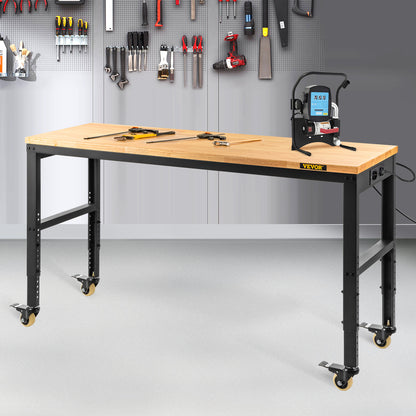 Werkbank – Opvouwbare Werktafel – Werkbank Met Lades – Verstelbare Werktafel – Mobiele Werkbank – Massief Houten Werkblad 122x51 cm – Ingebouwd Stopcontact Met USB Poorten