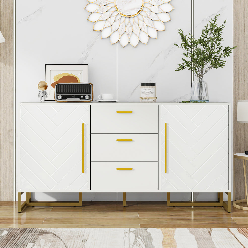 Dressoir – Buffetkast – Opbergkast – Ladekast – Kast – Wit Visgraatpatroon – 2 Deuren 3 Lades