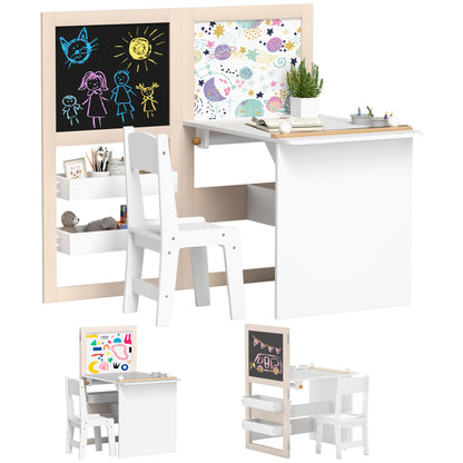 Kinderbureau met Stoel – Kindermeubel – Speeltafel – Tekenbureau – Kindertafel – 3-in-1 Design – Inklapbaar Krijtbord – Ruime Opbergruimte – MDF Wit – Voor 3 tot 8 Jaar