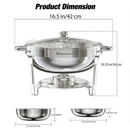 Buffetwarmerset – Chafing Dish – Warmhoudpan – Serveringspan – Cateringpan – 4-delig – Roestvrij Staal – 5 Liter Inhoud – Glazen Deksel Met Houder