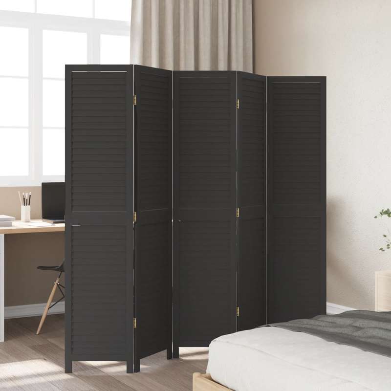 Room Divider with 5 Panels Made of Solid Paulownia Wood in Black. Attractive And Privacy-Protecting, Suitable for Offices, Bedrooms, And Living Rooms.