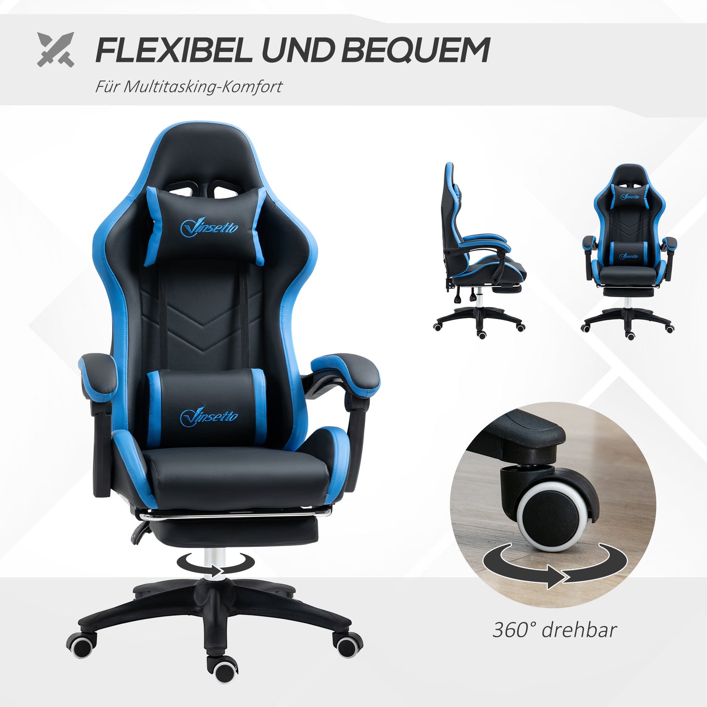 Gamingstoel – Gamestoel – Gaming Chair – Bureaustoel – Computerstoel – Verstelbare Rugleuning 135° – Inclusief Voetensteun Kunstleer Zwart/Blauw