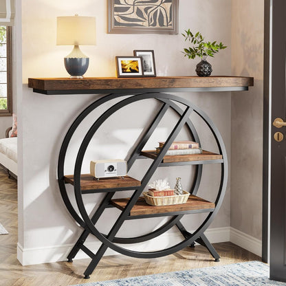 Industriële Sidetable – Haltafel – Wandtafel – Opbergtafel – Bijzettafel – Rustiek Bruin – Geometrisch Metalen Frame – 4 Niveaus Met Stevig 4cm Tafelblad