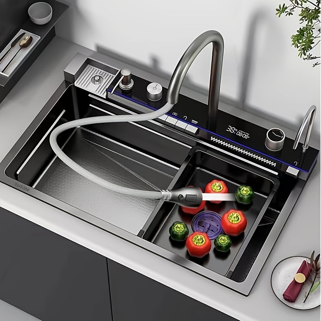 Deluxe Stainless Steel Kitchen Sink - Large Single Basin With Waterfall Feature, Thickened For Durability, Faucet Included - Modern Gunmetal Grey Design. Honeycomb Nano Protective Coating.
