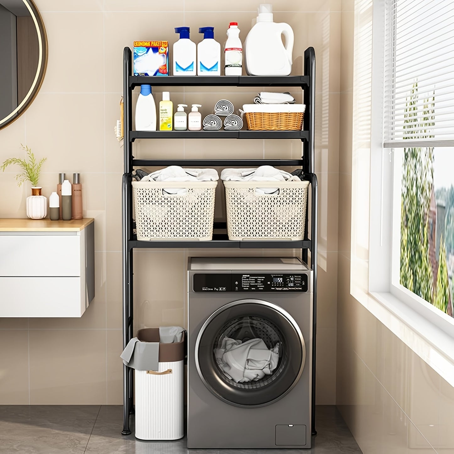 Opbergrek Wasruimte – Wasmachine Rek – Opslagrek – Badkamerrek – Stelling – Verstelbaar 155-185 cm – Metalen Staal – Antislipvoeten – 3 Planken – Wit