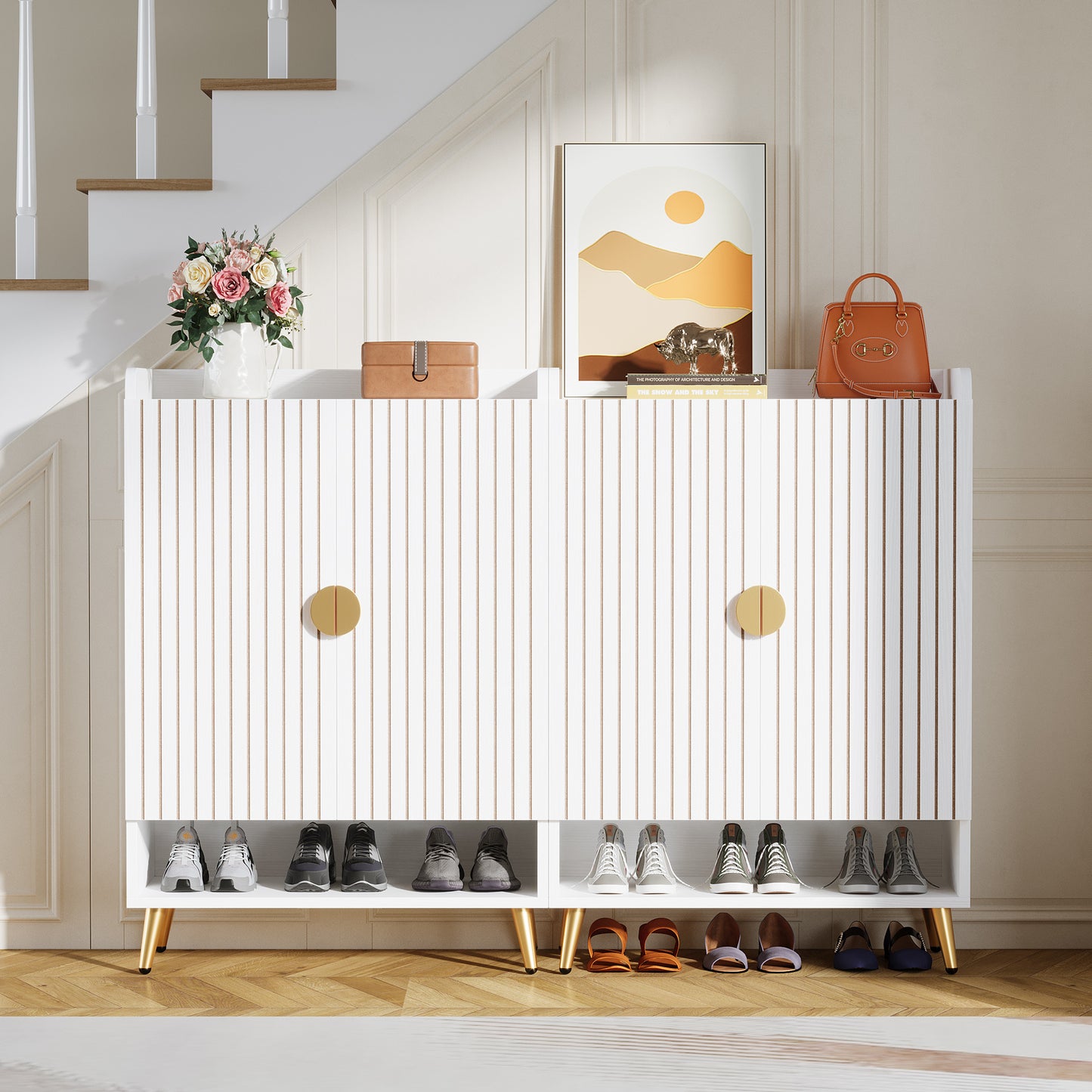 Schoenenkast – Schoenenrek – Schoenopberger – Schoenentoren – Schoenenkast – 6-laags met deuren – Verstelbare planken – Wit met gouden accenten