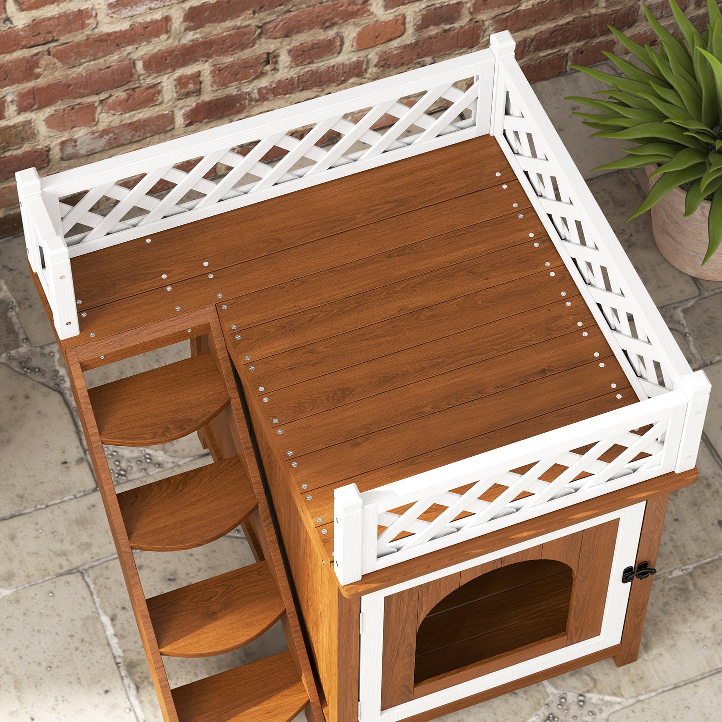 Tweeverdiepingen Kattenhuis – Kattenhut – Kattenverblijf – Kattenren – Konijnenhuis – Bruin – Duurzaam Dennenhout – Veilig Balkon Met Trapjes