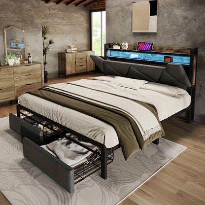 Bedframe – Bedframe Zonder Montage – Slaapbank – Bedframe Met Zijtafel – Slaapoplossing – Modern Grijs Bamboe – Stevig En Duurzaam – Geen Matras Nodig
