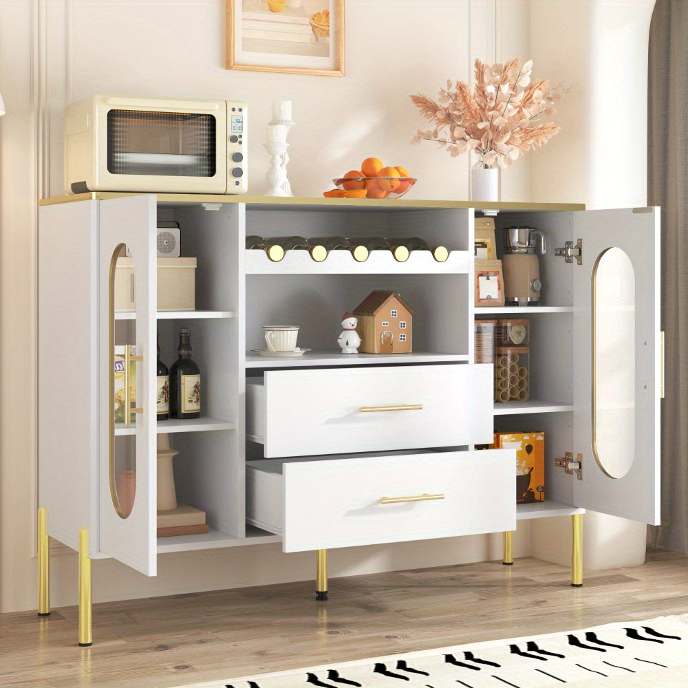 Dressoir – Kast – Sideboard – Opbergkast – Ladekast – Wit MDF Met Glazen Deuren – Inclusief Wijnrek En Lades – Stijlvol En Ruim Opbergmeubel