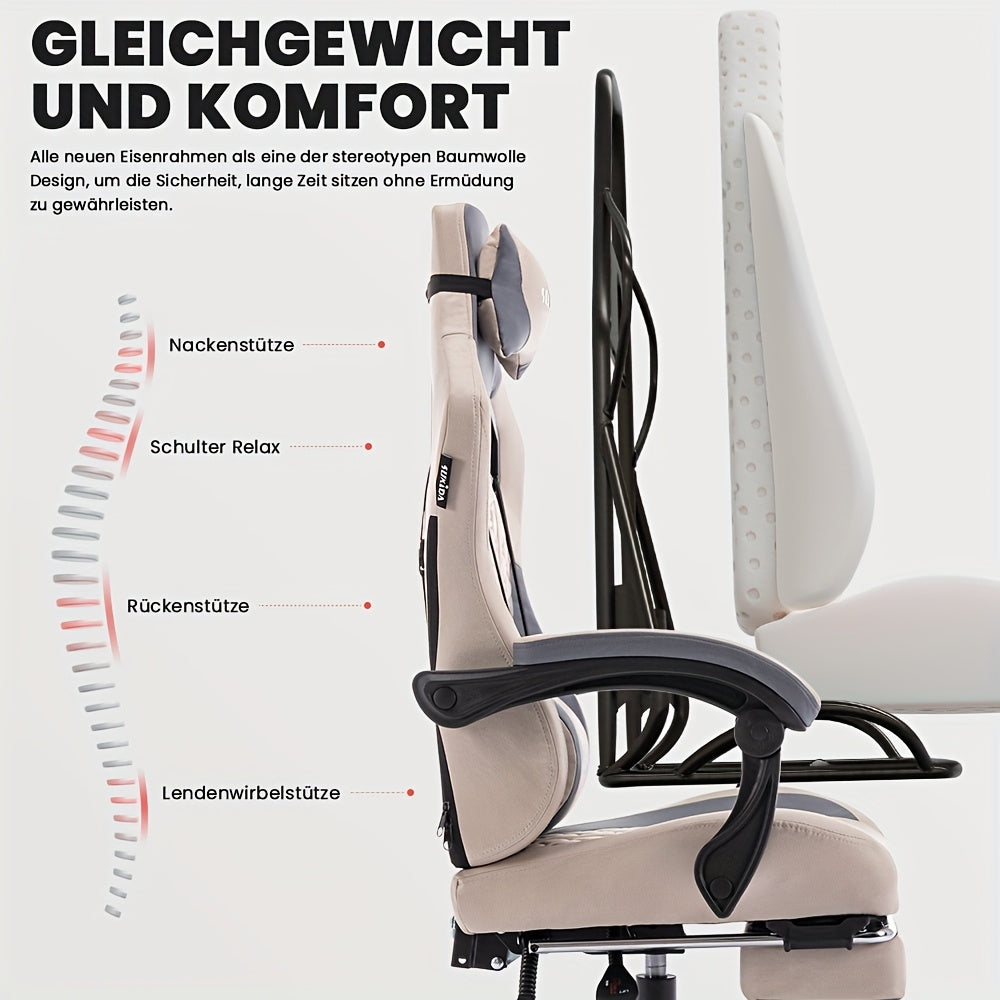 Gamingstoel – Gamestoel – Gaming Chair – Game Stoel – Bureaustoel – Ergonomisch Ontwerp – Verstelbare Voetensteun & Hoofdsteun – Beige Met Lendensteun