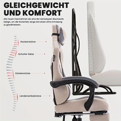 Gamingstoel – Gamestoel – Gaming Chair – Game Stoel – Bureaustoel – Ergonomisch Ontwerp – Verstelbare Voetensteun & Hoofdsteun – Beige Met Lendensteun