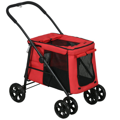 Huisdierwagen – Dierenbuggy – Hondenwagen – Kattenwagen – Wandelwagen – Opvouwbaar – 600D Oxford Stof – Stalen Frame – Kussen Inclusief – Rem Op Wielen – Rood