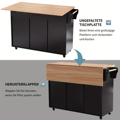 Dressoir – Sideboard – Opbergkast – Ladekast – Kastenmeubel – Zwart – Massief Houten Blad – Inklapbare Werkbank – Wieltjes – 129x46x91,5 cm